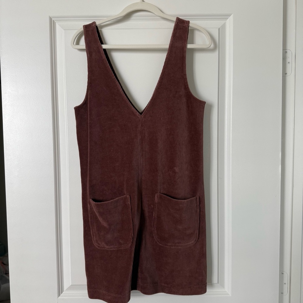 V-Neck Corduroy Pinafore Dress in Mauve Brown